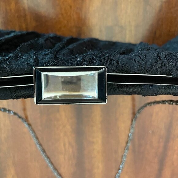 Jessica McClintock Black Lace Rhinestone Clasp Shoulder Clutch Bag 12" x 4" - Picture 3 of 5